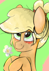 Size: 969x1398 | Tagged: safe, artist:coffeeponee, applejack, earth pony, pony, g4, alternate hairstyle, blushing, flower, ponytail, simple background, solo
