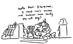 Size: 698x425 | Tagged: safe, artist:jargon scott, oc, oc only, oc:dyxkrieg, alicorn, pony, alicorn oc, black and white, cash register, cute, female, filly, gratuitous german, grayscale, helmet, horn, magical lesbian spawn, money, monochrome, offscreen character, offspring, parent:oc:dyx, parent:oc:luftkrieg, parents:oc x oc, pickelhaube, simple background, solo, talking to viewer, white background, wingding eyes, wings