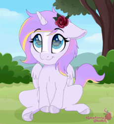 Size: 2517x2733 | Tagged: safe, artist:raspberrystudios, oc, oc only, oc:rosy lila, alicorn, pony, g4, alicorn oc, animated, blaze (coat marking), blinking, bush, chibi, coat markings, commission, cute, facial markings, female, filly, floppy ears, flower, grass, high res, horn, rose, scenery, sitting, solo, tail wag, tree, wings, ych result