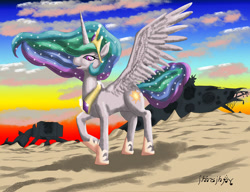 Size: 1024x787 | Tagged: safe, artist:edhelistar, princess celestia, alicorn, pony, g4, at-at, cloud, cloudy, desert, destroyed, ethereal mane, female, hoof shoes, jakku, jewelry, looking at you, peytral, raised hoof, regalia, signature, solo, spaceship, spread wings, star destroyer, star wars, star wars: the force awakens, starry mane, sunset, tengwar, tiara, windswept mane, wings