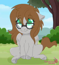 Size: 2517x2733 | Tagged: safe, artist:raspberrystudios, oc, oc only, pegasus, pony, absurd file size, absurd gif size, animated, blinking, bush, chibi, commission, cute, eye clipping through hair, eyebrows, eyebrows visible through hair, female, gif, glasses, grass, high res, mare, ocbetes, pegasus oc, scenery, sitting, smiling, solo, tail wag, tree, wings, ych result