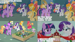Size: 1280x720 | Tagged: safe, edit, edited screencap, editor:quoterific, screencap, ace point, alula, amethyst star, applejack, big macintosh, carrot top, fluttershy, golden harvest, noi, pluto, rarity, sparkler, spike, twilight sparkle, alicorn, dragon, earth pony, pegasus, pony, unicorn, g4, season 4, simple ways, applejack's hat, cowboy hat, eyes closed, female, filly, hat, male, mare, offscreen character, open mouth, smiling, stallion, sweat, town hall, twilight sparkle (alicorn)