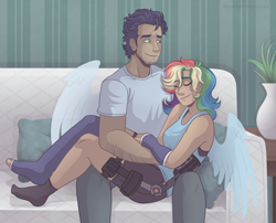 Size: 4200x3400 | Tagged: safe, artist:monnarcha, rainbow dash, soarin', human, g4, alternate hairstyle, arm cast, blue hair, bra, bra strap, cast, clothes, commission, compression shorts, couch, eyes closed, female, freckles, green eyes, grin, happy, hospital, humanized, indoors, jeans, leg cast, living room, male, missing shoes, multicolored hair, pants, pillow, plant, rainbow hair, ship:soarindash, shipping, shirt, shorts, smiling, socks, stocking feet, straight, t-shirt, tank top, tomboy, underwear, vase, winged humanization, wings