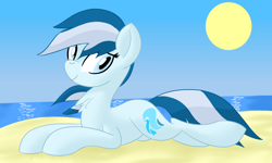 Size: 1500x900 | Tagged: safe, artist:notadeliciouspotato, oc, oc only, oc:serene dive, earth pony, pony, atg 2021, beach, female, lying down, mare, newbie artist training grounds, prone, smiling, solo, sun