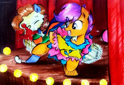 Size: 1075x744 | Tagged: safe, artist:liaaqila, scootaloo, oc, oc:silly scribe, earth pony, pegasus, pony, g4, clothes, clown, costume, cute, duo, earth pony oc, food, fun, pie, pied, show, stage, traditional art