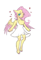 Size: 950x1388 | Tagged: safe, artist:makkah, fluttershy, pegasus, semi-anthro, g4, arm hooves, chest fluff, clothes, cute, dress, excessive chest fluff, female, floating heart, floppy ears, heart, mare, one eye closed, shyabetes, simple background, white background, wink