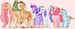 Size: 1280x508 | Tagged: safe, artist:hehepeachyy, applejack, fluttershy, pinkie pie, rainbow dash, rarity, twilight sparkle, alicorn, earth pony, flutter pony, pegasus, pony, unicorn, g4, colored hooves, female, height difference, mane six, mare, pale belly, race swap, twilight sparkle (alicorn), unshorn fetlocks