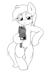 Size: 545x813 | Tagged: safe, artist:lyrabop, oc, oc only, pony, female, gun, mac-10, mare, monochrome, simple background, solo, weapon, white background