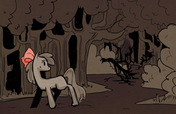 Size: 900x587 | Tagged: safe, artist:stevetwisp, apple bloom, earth pony, pony, story of the blanks, g4, bow, darkness, female, filly, forest, monster, red eyes, sweat, tree