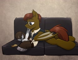 Size: 3907x3000 | Tagged: safe, artist:selenophile, oc, oc only, oc:bass amperage, bat pony, pony, bong, clothes, couch, drug use, drugs, glasses, gloves, high res, lighter, lying down, male, marijuana, prone, shirt, solo, vest