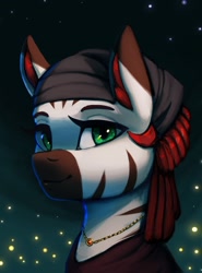 Size: 1761x2377 | Tagged: safe, artist:mrscroup, oc, oc only, pony, zebra, equestria at war mod, bust, clothes, ear fluff, green eyes, jewelry, necklace, portrait, solo, stars