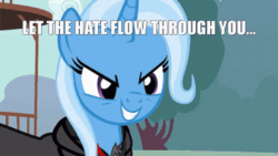 Size: 498x280 | Tagged: safe, edit, edited screencap, screencap, trixie, pony, unicorn, g4, magic duel, season 3, alicorn amulet, animated, close-up, darth sidious, emperor palpatine, evil smile, evil trixie, family guy in the comments, female, gif, grin, mare, smiling, solo, star wars