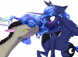 Size: 3656x2665 | Tagged: safe, artist:galaxynight100, discord, princess luna, alicorn, draconequus, pony, g4, blushing, female, high res, looking at each other, male, mare, ship:lunacord, shipping, simple background, straight, white background