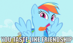 Size: 498x295 | Tagged: safe, edit, edited screencap, screencap, rainbow dash, pegasus, pony, a bird in the hoof, g4, season 1, animated, cute, dashabetes, female, gif, open mouth, rainbow dash is best facemaker, silly, silly pony, solo, taste buds, text, tongue out