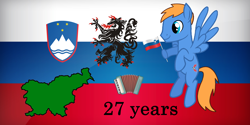 Size: 1500x750 | Tagged: safe, artist:rozyfly10, oc, oc only, oc:rozyfly, pegasus, pony, coat of arms, flag, male, slovenia, smiling, solo, stallion