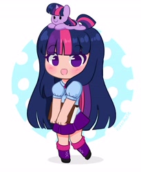 Size: 3366x4096 | Tagged: safe, artist:kittyrosie, twilight sparkle, pony, equestria girls, :d, abstract background, blushing, book, chibi, cute, eye clipping through hair, eyebrows, eyebrows visible through hair, female, high res, human coloration, human ponidox, looking at you, lying down, mare, no nose, no pupils, on head, open mouth, open smile, pony hat, prone, riding, self ponidox, self riding, sitting on head, smiling, smiling at you, tiny, tiny ponies, twiabetes