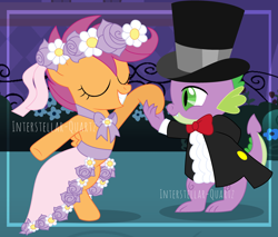 Size: 3176x2710 | Tagged: safe, artist:interstellar-quartz, scootaloo, spike, pony, a canterlot wedding, g4, bridesmaid dress, clothes, dancing, dress, female, flower filly, flower girl, flower girl dress, hat, high res, male, marriage, ring bearer, ship:scootaspike, shipping, straight, suit, top hat, tuxedo, wedding