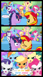 Size: 1280x2300 | Tagged: safe, artist:bigsnusnu, applejack, fluttershy, pinkie pie, rainbow dash, rarity, sunset shimmer, twilight sparkle, earth pony, pegasus, pony, unicorn, comic:dusk shine in pursuit of happiness, g4, ponies of dark water, alternate mane seven, angry, blushing, cape, chaos, clothes, dusk shine, dusk shine gets all the mares, exclamation point, eyes closed, fainting couch, female, half r63 shipping, harem, jack-in-the-box, jealous, kissing, makeup, male, mane six, necktie, pinkie joker, poison ivyshy, rule 63, ship:duskshimmer, ship:sunsetsparkle, shipping, straight, surprise kiss, vine, yelling