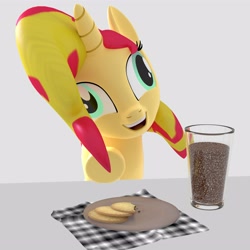 Size: 4000x4000 | Tagged: safe, artist:wissle, sunset shimmer, pony, unicorn, g4, 3d, absurd resolution, atg 2021, blender, chocolate, chocolate milk, cookie, exploitable meme, faic, female, food, happy, mare, meme, milk, napkin, newbie artist training grounds, open mouth, plate, pure unfiltered evil, simple background, smiling, solo, this will end in spilled milk