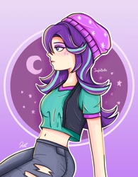 Size: 1200x1538 | Tagged: safe, artist:jinglebelle, starlight glimmer, human, g4, abstract background, beanie, clothes, equestria girls outfit, female, freckles, hat, humanized, light skin, midriff, pants, smiling, solo, torn clothes