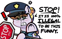 Size: 2048x1296 | Tagged: safe, artist:ashtoneer, copper top, earth pony, pony, g4, cross-popping veins, exclamation point, eye clipping through hair, female, mare, police, police officer, simple background, solo, stop, stop sign, underhoof, white background