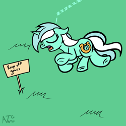 Size: 1999x1999 | Tagged: safe, artist:dafiltafish, lyra heartstrings, pony, unicorn, g4, atg 2021, female, first world anarchist, keep off the grass, l.u.l.s., mare, newbie artist training grounds, onomatopoeia, open mouth, overhead view, sleeping, sound effects, zzz