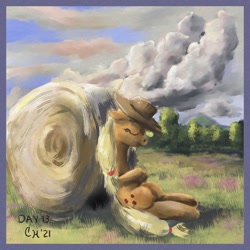 Size: 1000x1000 | Tagged: safe, artist:clarkeotterton, applejack, pony, g4, atg 2021, cloud, cloudy, hay bale, meadow, newbie artist training grounds, painterly, scenery, sleeping, solo
