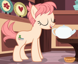 Size: 1070x882 | Tagged: safe, screencap, raspberry vinaigrette, earth pony, pony, discordant harmony, g4, cropped, eyes closed, female, mare, open mouth, raised tail, solo, tail, teapot