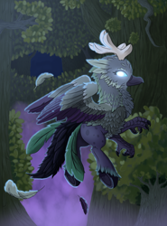 Size: 1026x1384 | Tagged: safe, artist:crimsonfef, oc, oc only, hippogriff, feather, fluffy, flying, forest, glowing eyes, looking at you, smiling, smirk, solo, spread wings, tree, underhoof, unshorn fetlocks, warcraft, wing fluff, wings, world of warcraft