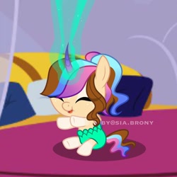 Size: 1000x1000 | Tagged: safe, artist:sia.brony, oc, oc only, oc:sia, alicorn, pony, baby, baby pony, eyes closed, female, filly, glowing horn, horn, indoors, pillow, sitting, smiling, solo, unicorn oc