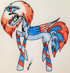 Size: 1617x1693 | Tagged: safe, artist:beamybutt, oc, oc only, pegasus, pony, pegasus oc, raised hoof, signature, smiling, solo, traditional art, two toned wings, wings