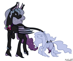 Size: 1274x1068 | Tagged: safe, artist:misskanabelle, oc, oc only, oc:persephoneia, bat pony, ghost, ghost pony, pony, bat pony oc, bat wings, duo, ethereal mane, female, hoof fluff, looking back, mare, raised hoof, signature, simple background, starry mane, transparent background, unshorn fetlocks, wings