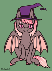 Size: 1006x1383 | Tagged: safe, artist:misskanabelle, oc, oc only, bat pony, pony, bat pony oc, chest fluff, female, green background, hat, hoof fluff, mare, raised hoof, signature, simple background, slit pupils, solo, spread wings, wings, witch hat