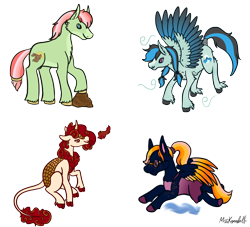 Size: 1566x1420 | Tagged: safe, artist:misskanabelle, oc, oc only, oc:maple melt, oc:nellie fly, oc:sunlit silk, oc:wolf river, earth pony, kirin, pegasus, pony, adopted offspring, clothes, earth pony oc, female, glasses, hoof fluff, kirin oc, magical lesbian spawn, mare, offspring, parent:big macintosh, parent:daring do, parent:fluttershy, parent:photo finish, parent:pokey pierce, parent:rainbow dash, parents:daringdash, parents:fluttermac, parents:photopierce, pegasus oc, signature, simple background, transparent background, two toned wings, wings