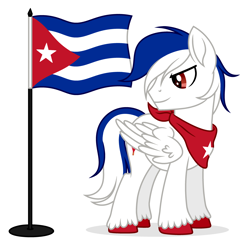 Size: 3672x3600 | Tagged: safe, artist:rioshi, artist:starshade, oc, oc only, oc:cubano, pegasus, pony, g4, 2021, bandana, base used, commission, cuba, cute, flag, flag cuba, flag pole, high res, male, nation ponies, ponified, red eyes, simple background, solo, stallion, starry eyes, white background, white body, wingding eyes, ych result