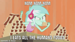 Size: 500x281 | Tagged: safe, edit, edited screencap, screencap, lyra heartstrings, all's fair in love & friendship games, equestria girls, g4, my little pony equestria girls: friendship games, animated, cartoon physics, eating, female, food, gif, hammerspace, hammerspace belly, hot dog, lyra scarfing down weiners, meat, meme, sausage, slender, solo, text, thin