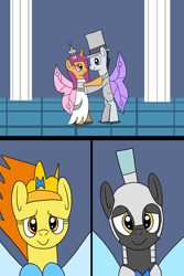 Size: 1024x1536 | Tagged: safe, artist:platinumdrop, rumble, scootaloo, spitfire, thunderlane, fairy, g4, alternate hairstyle, armor, clothes, comic, dancing, dress, fairy wings, female, hat, male, request, ship:rumbloo, shipping, straight, top hat, tuxedo, wings