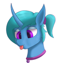 Size: 2000x2000 | Tagged: safe, artist:lightnys, oc, oc only, oc:lightning star, pony, unicorn, :p, bust, collar, colored pupils, curved horn, eyeshadow, heart eyes, high res, horn, makeup, male, ponytail, portrait, simple background, smiling, solo, tongue out, transparent background, wingding eyes