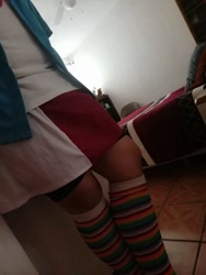 Size: 648x864 | Tagged: safe, photographer:mr.sparkle, rainbow dash, human, equestria girls, g4, bike shorts, clothes, cosplay, costume, crossdressing, crossplay, irl, irl human, legs, photo, pictures of legs, rainbow socks, skirt, socks, solo, standing, striped socks