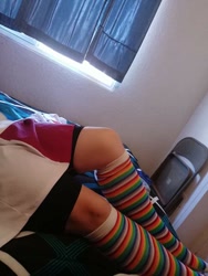 Size: 648x864 | Tagged: safe, photographer:mr.sparkle, rainbow dash, human, equestria girls, g4, bike shorts, clothes, cosplay, costume, crossdressing, crossplay, irl, irl human, legs, long socks, photo, pictures of legs, rainbow socks, skirt, socks, solo, striped socks