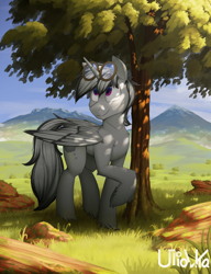 Size: 1786x2322 | Tagged: safe, artist:uliovka, oc, oc only, oc:dark tempest, alicorn, pony, alicorn oc, commission, glasses, horn, male, mountain, raised hoof, scenery, smiling, solo, tree, wings