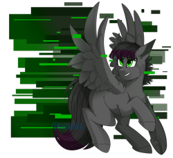 Size: 2564x2339 | Tagged: safe, artist:mediasmile666, oc, oc only, pegasus, pony, abstract background, blank flank, cheek fluff, commission, eye clipping through hair, flying, grin, high res, male, pegasus oc, raised hoof, sidemouth, smiling, solo, speedpaint available, spread wings, stallion, wings