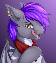 Size: 1411x1583 | Tagged: safe, artist:snowstormbat, oc, oc only, oc:vuldarion, bat pony, pony, bust, ear piercing, earring, jewelry, licking, male, piercing, portrait, solo, stallion, tongue out