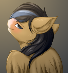 Size: 1500x1600 | Tagged: safe, artist:snowstormbat, oc, oc only, oc:gear (gearslavehorse), pegasus, pony, blaze (coat marking), blushing, bust, coat markings, facial markings, gray eyes, looking at you, looking back, looking back at you, male, portrait, solo, stallion