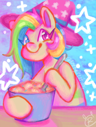 Size: 600x800 | Tagged: safe, artist:rosesycreations, oc, oc only, oc:funfetti icing, pony, baking, bipedal, nonbinary, smiling, solo