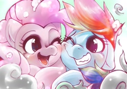 Size: 2048x1430 | Tagged: safe, artist:kurogewapony, pinkie pie, rainbow dash, earth pony, pegasus, pony, g4, blushing, cloud, cute, dashabetes, diapinkes, happy, looking at each other, one eye closed, open mouth, smiling