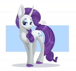 Size: 2382x2235 | Tagged: safe, artist:heartbeat420, artist:purpleheart002, rarity, pony, unicorn, g4, chest fluff, cloven hooves, colored hooves, female, high res, lidded eyes, looking at you, mare, purple hooves, simple background, smiling, solo, white background