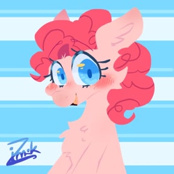 Size: 768x768 | Tagged: safe, artist:zimikuvart, pinkie pie, earth pony, pony, g4, smiling, solo, striped background