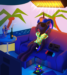 Size: 1803x2006 | Tagged: safe, artist:jphyperx, princess luna, alicorn, semi-anthro, between dark and dawn, g4, beach, chillaxing, clothes, couch, disco ball, fan, female, footrest, hawaiian shirt, nintendo switch, ottoman (furniture), palm tree, radio, shirt, solo, sunbathing, sunglasses, television, tree