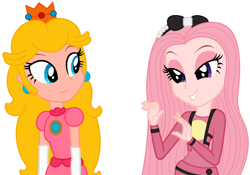 Size: 1626x1141 | Tagged: safe, artist:hk-bases, artist:user15432, human, equestria girls, g4, barely eqg related, base used, bella parker, clothes, crossover, crown, dress, duo, ear piercing, earring, equestria girls style, equestria girls-ified, gloves, gown, headband, jewelry, long gloves, nintendo, piercing, pink dress, princess peach, rainbow high, regalia, super mario bros., sweater